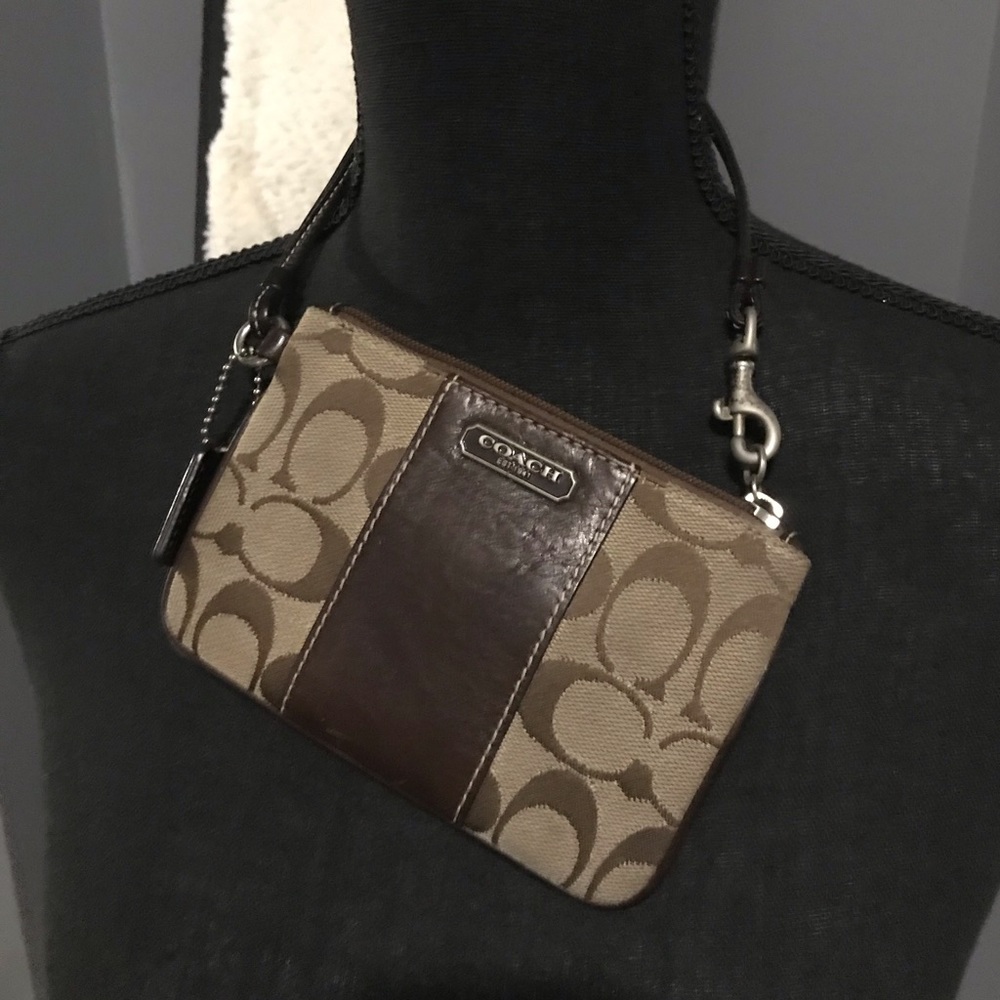 COACH women’s corner zip wristlet khaki and brown